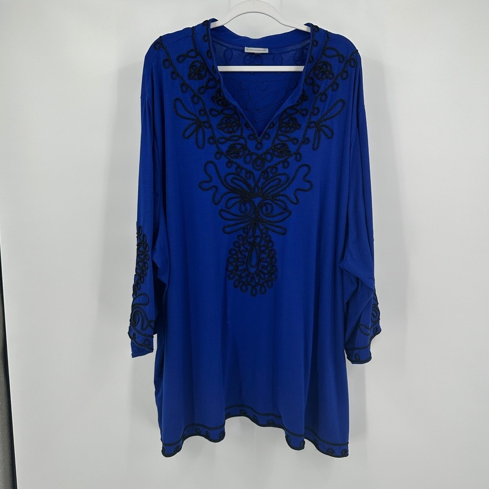 Catherines Womens Boho Tunic Top Size 4X Soutache Embroidered Art Deco Blue